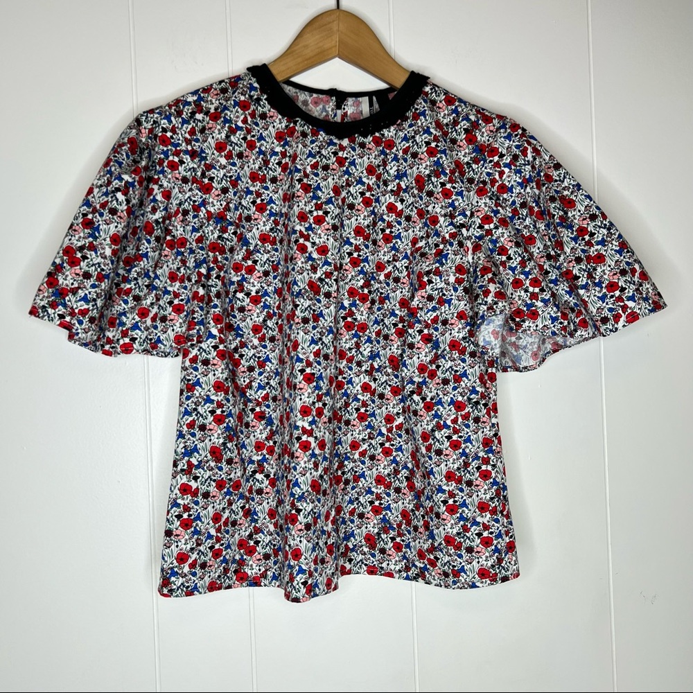 Topshop Micro Floral Blouse eyelet colar Puff Sleeves Sz 2